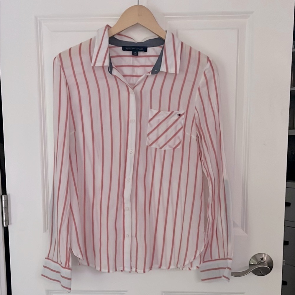 Tommy Hilfiger Cotton Striped Button-Up Shirt pink white sheer shirt size small